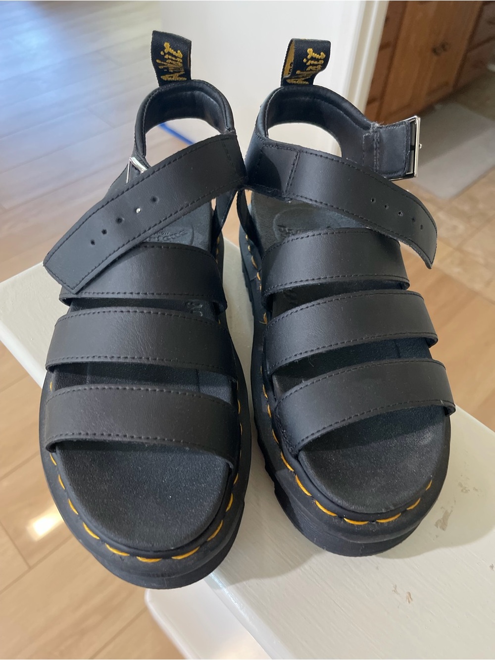DR MARTENS - Blaire Platform Sandals with Yellow Stitching - BRAND NEW.
